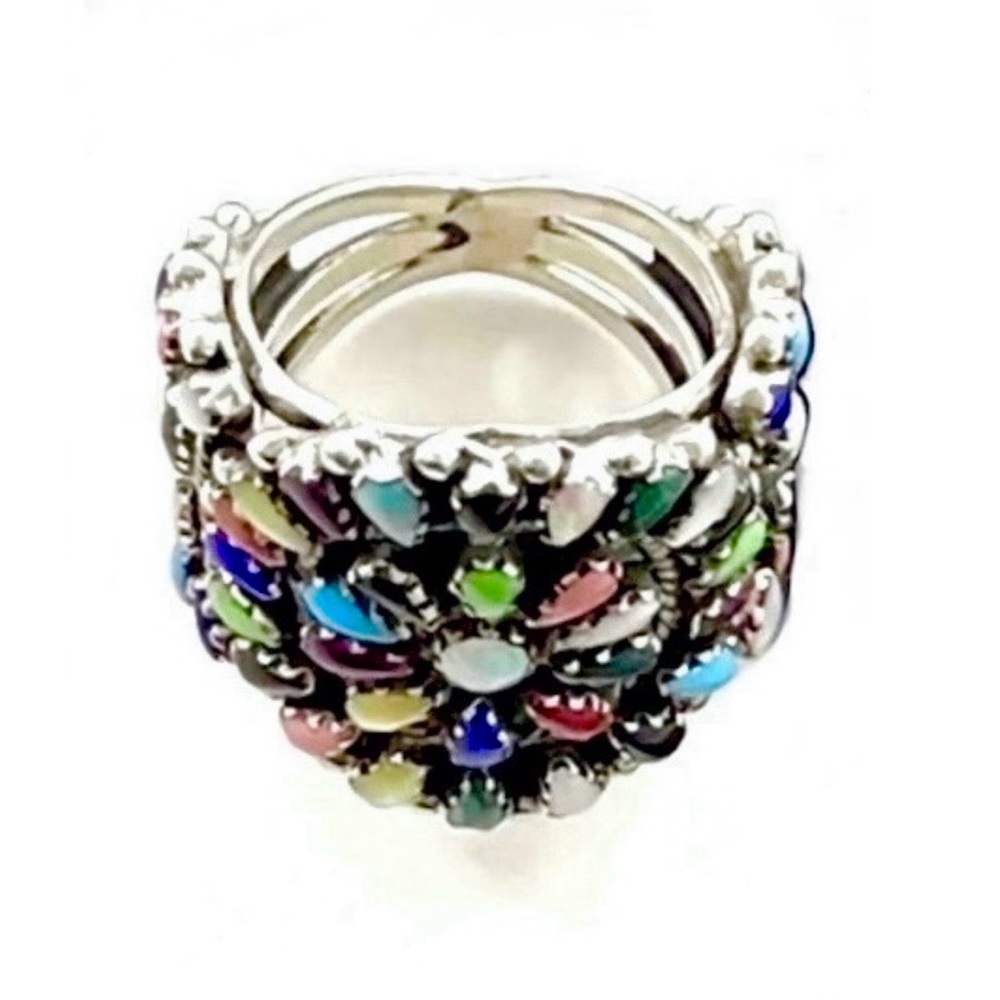 Southwestern, Vintage Multi Stone Petite Point Rainbow Sterling Silver Ring